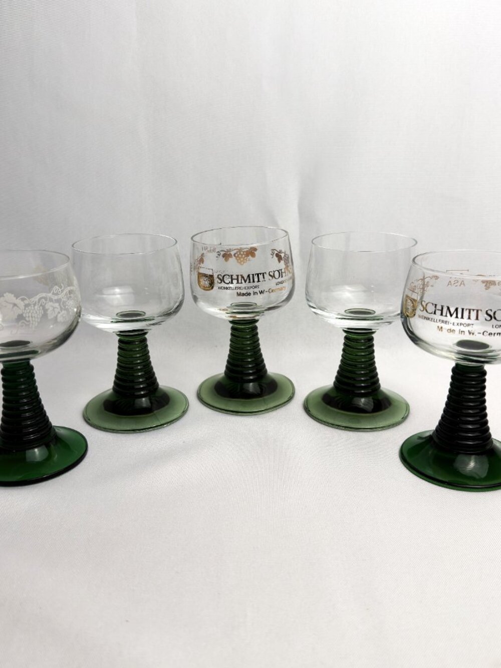 Roemer Vintage Beehive Green Stem Glasses Etched Grapevine Barware 5 pcs.
